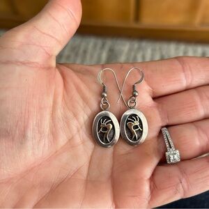 Vintage Navajo MM Rogers Kokopelli Sterling Silver 14kt signed Drop Earrings